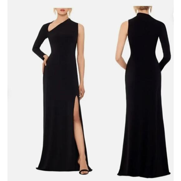 NWT BETSY & ADAM One-Shoulder Long Sleeve Gown Asymmetric Neck Black Size 6